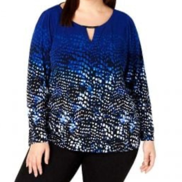Calvin Klein Blue and Black Ombré Women's Blouse with Keyhole Neck Detail,Large - Picture 2 of 5